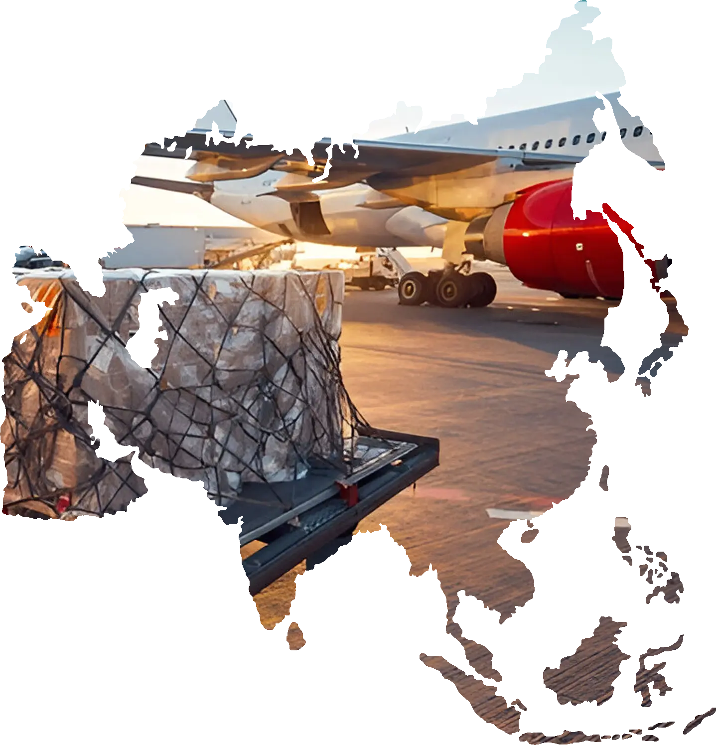 Cargo pallet ready for loading next to aircraft with red engine